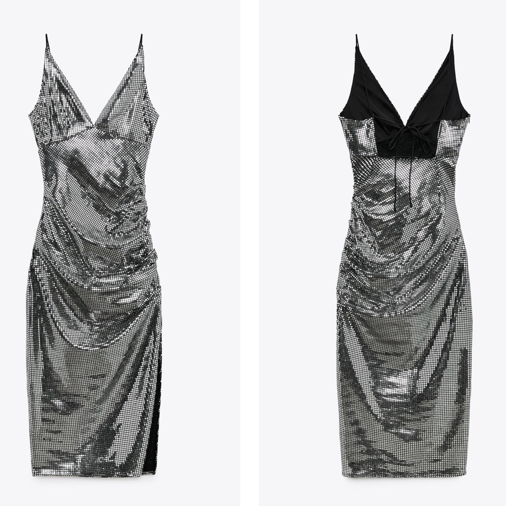 ZARA Shimmer MIDI Dress SILVER Medium
